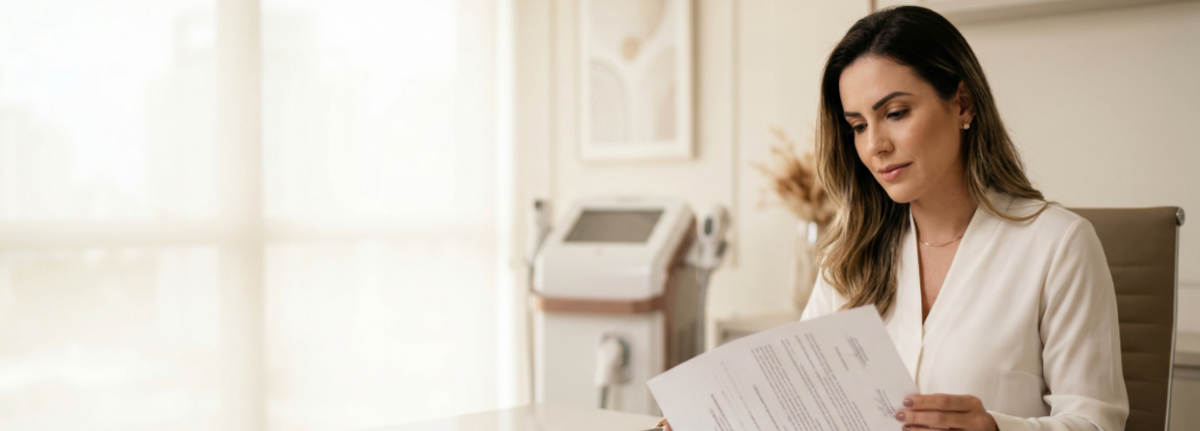 Gestora de clínica de estética revisando documentos de regularização em seu escritório profissional