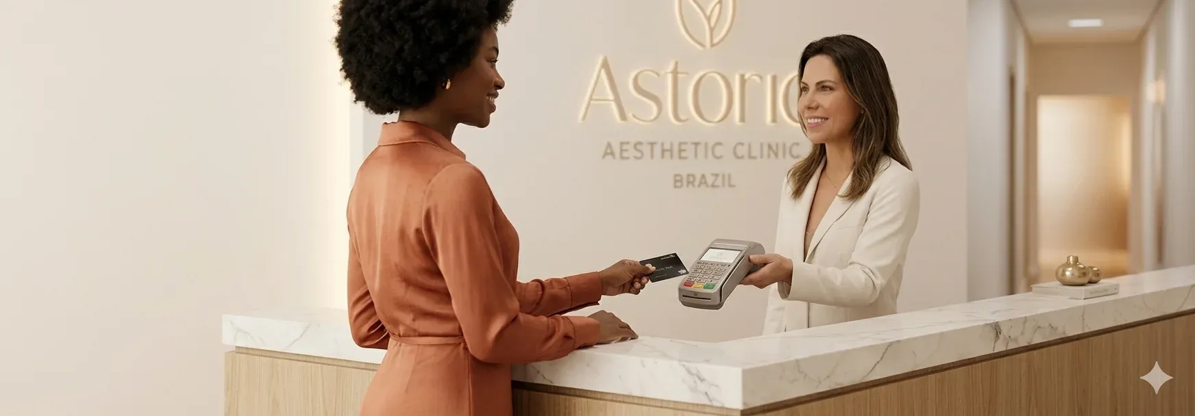Gestora de clínica de estética analisando uma tabela de preços em um tablet, com o ambiente profissional da clínica ao fundo.