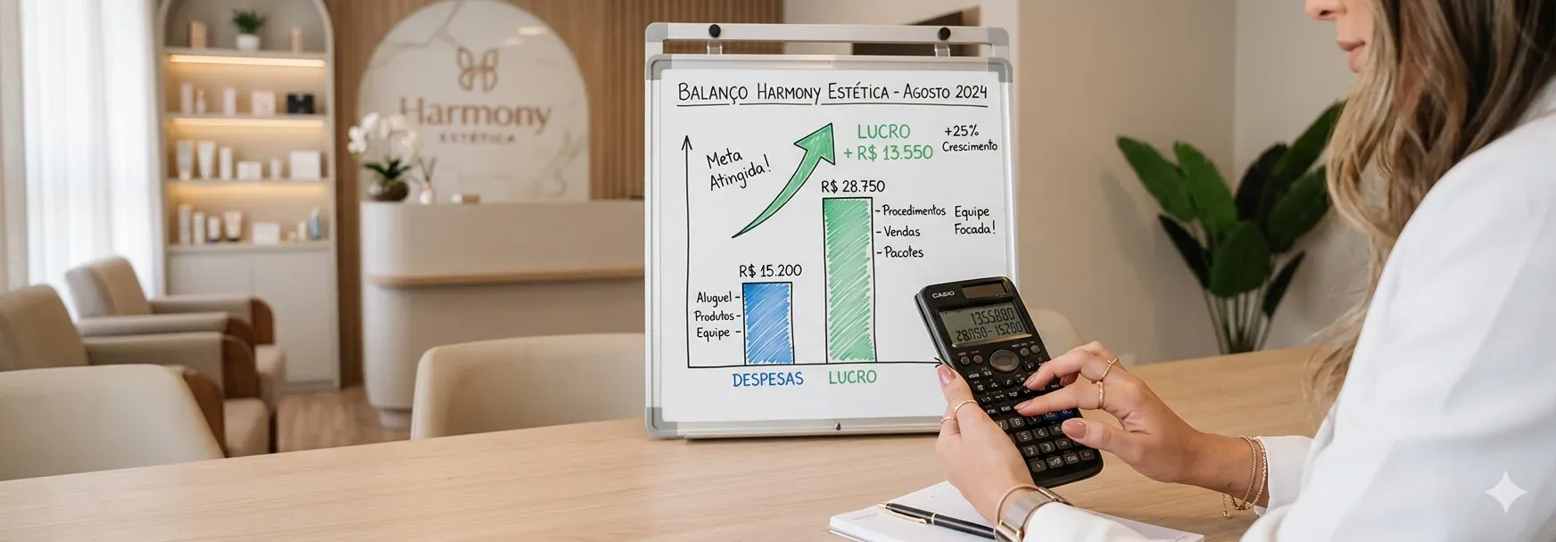 Gestora de clínica de estética calculando o preço de um procedimento em um tablet, com uma expressão focada e profissional.