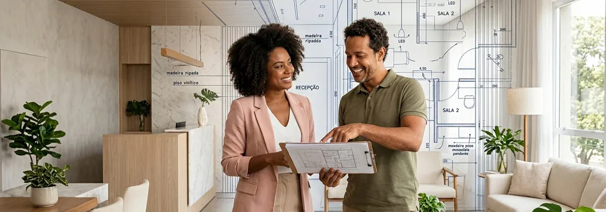 Recepção de uma clínica de estética premium, com design moderno, iluminação quente e uma paleta de cores neutras, transmitindo sofisticação e acolhimento.