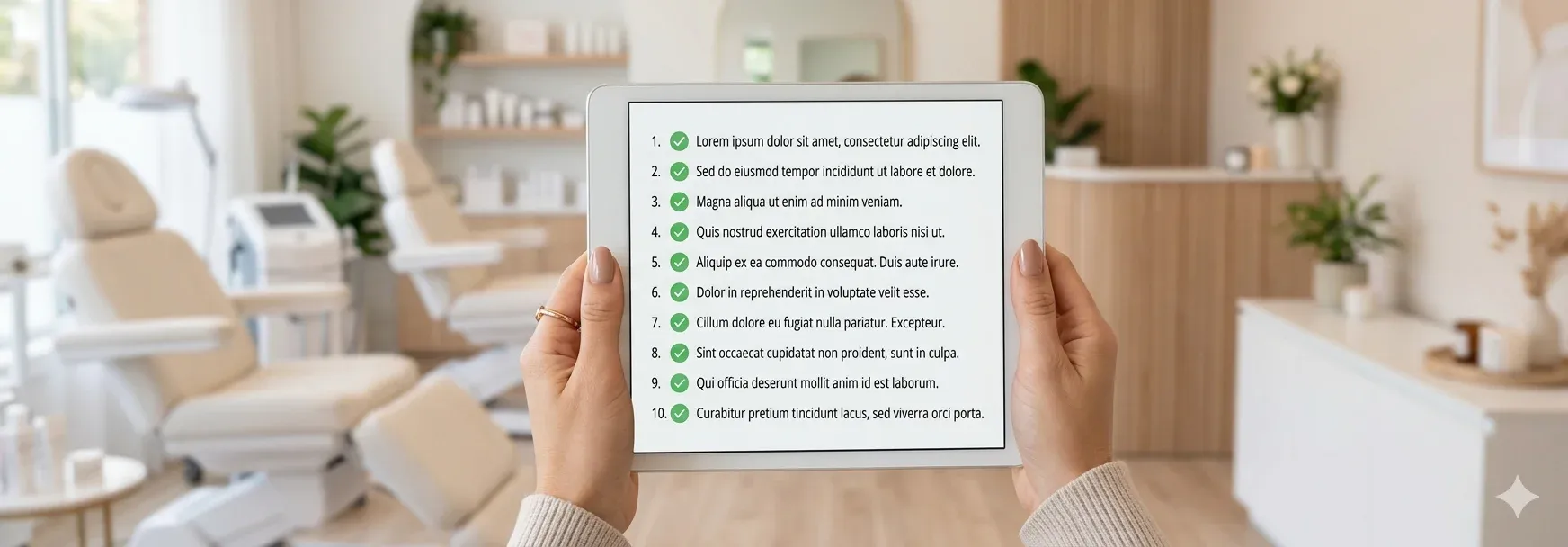 Gestora de clínica de estética utilizando tablet para analisar o diagnóstico de sistemas do seu negócio em um ambiente profissional e moderno."
