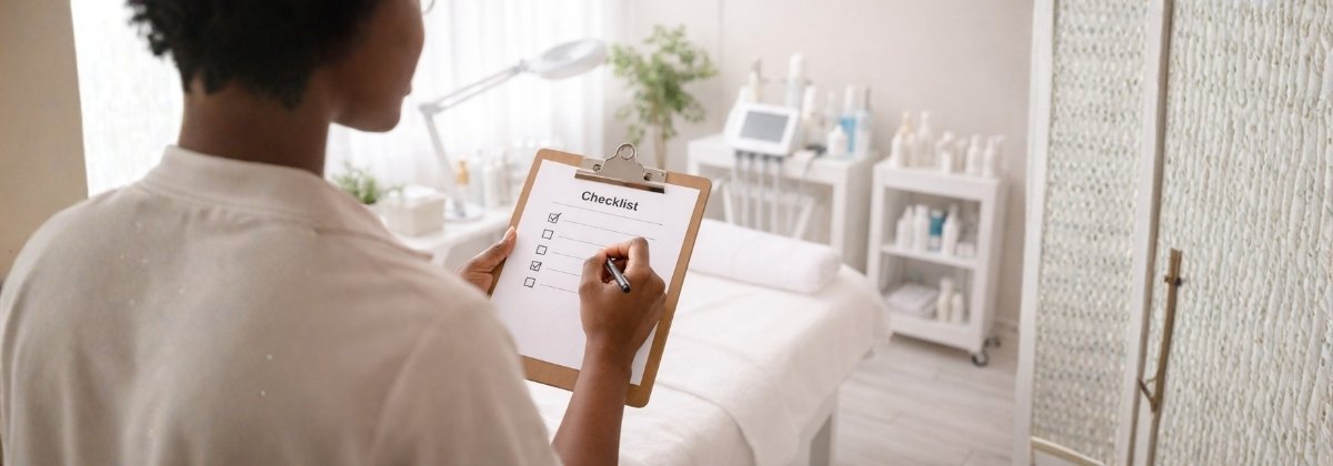 Checklist de equipamentos essenciais para clínica de estética em uma prancheta sendo revisado por uma gestora em ambiente profissional.