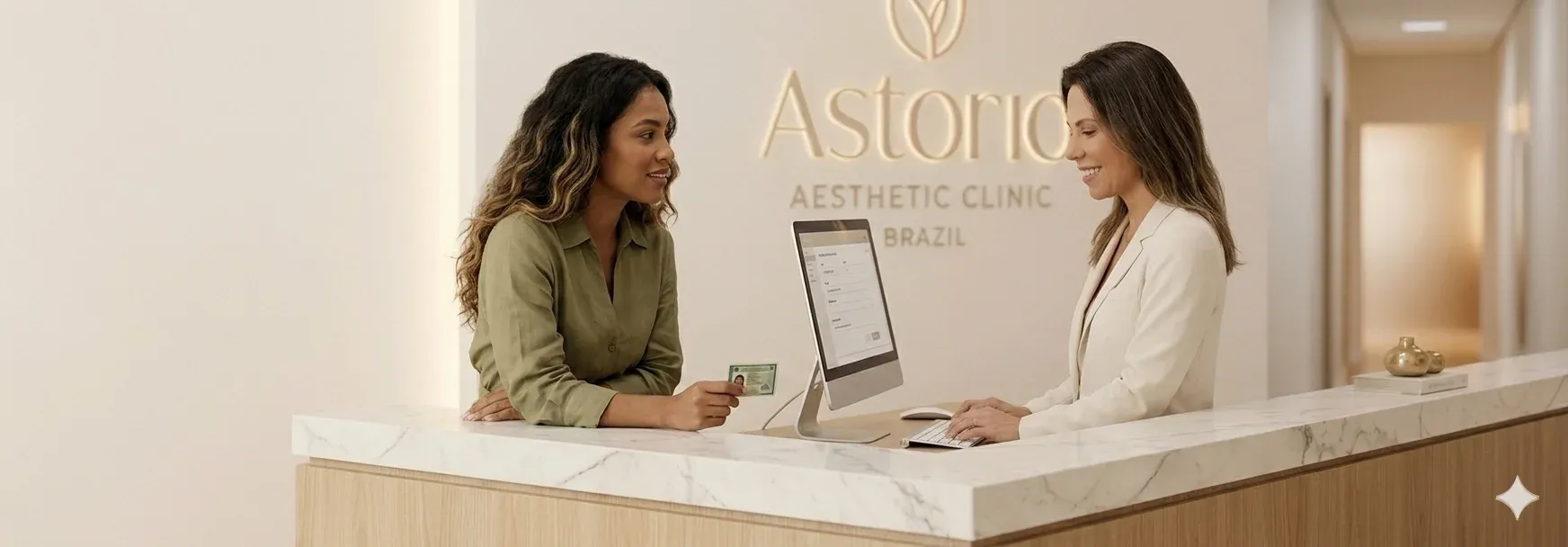 Gestora de clínica de estética revisando uma ficha de atendimento digital em um tablet em seu escritório moderno.