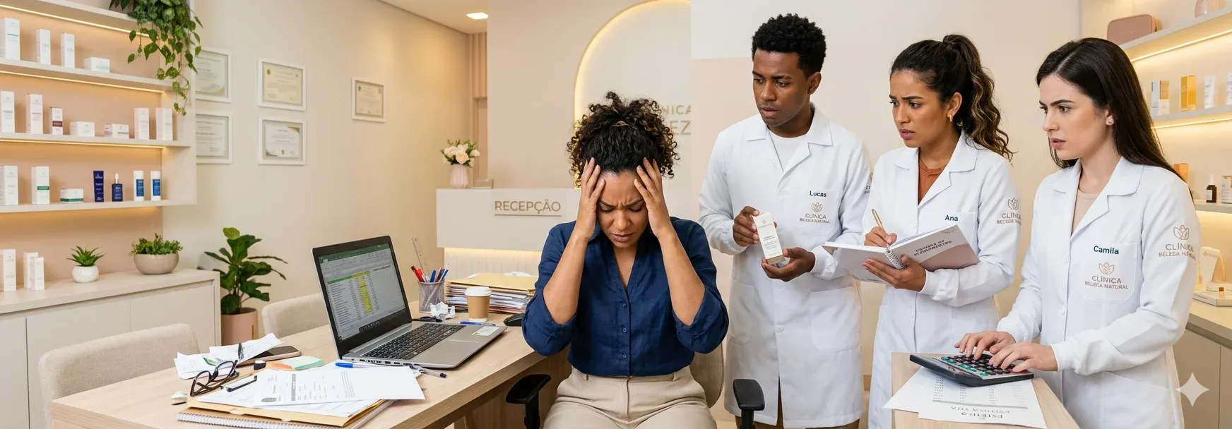 Gestora de clínica de estética profissional analisando um relatório em um tablet em seu escritório moderno e organizado.