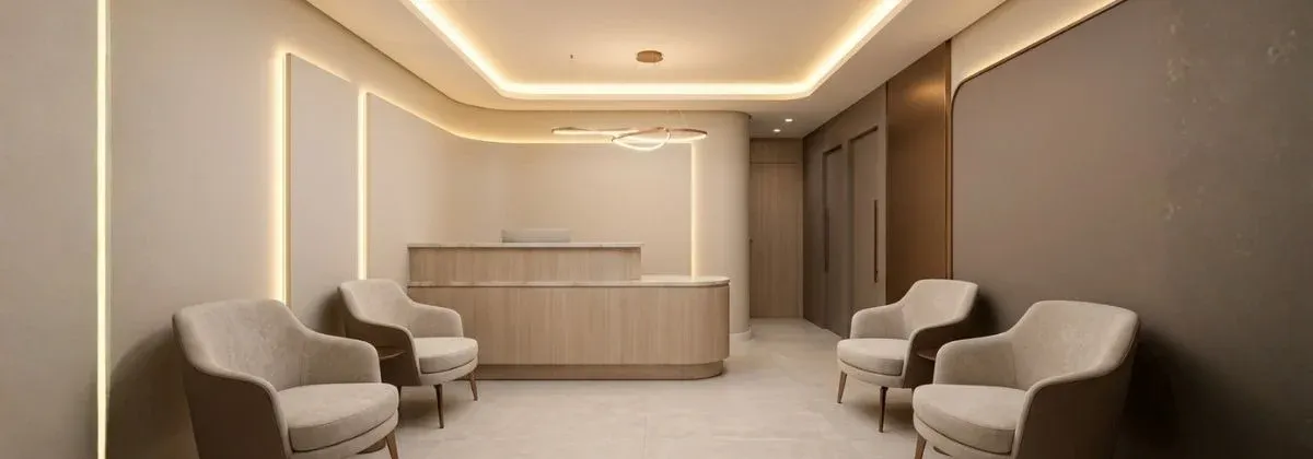 Recepção de clínica de estética premium com iluminação quente e indireta, criando um ambiente acolhedor e sofisticado para os clientes.