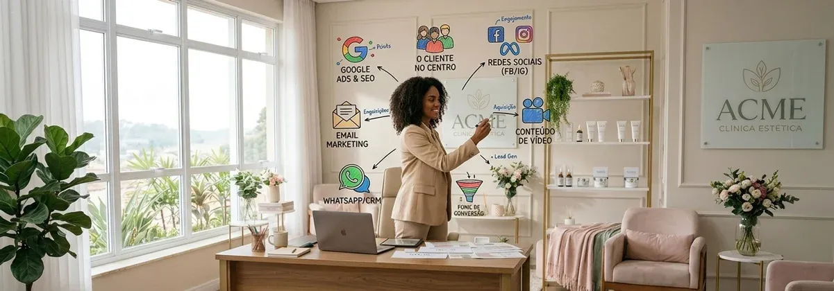 Gestora de clínica de estética analisando o plano de marketing digital em seu consultório moderno.