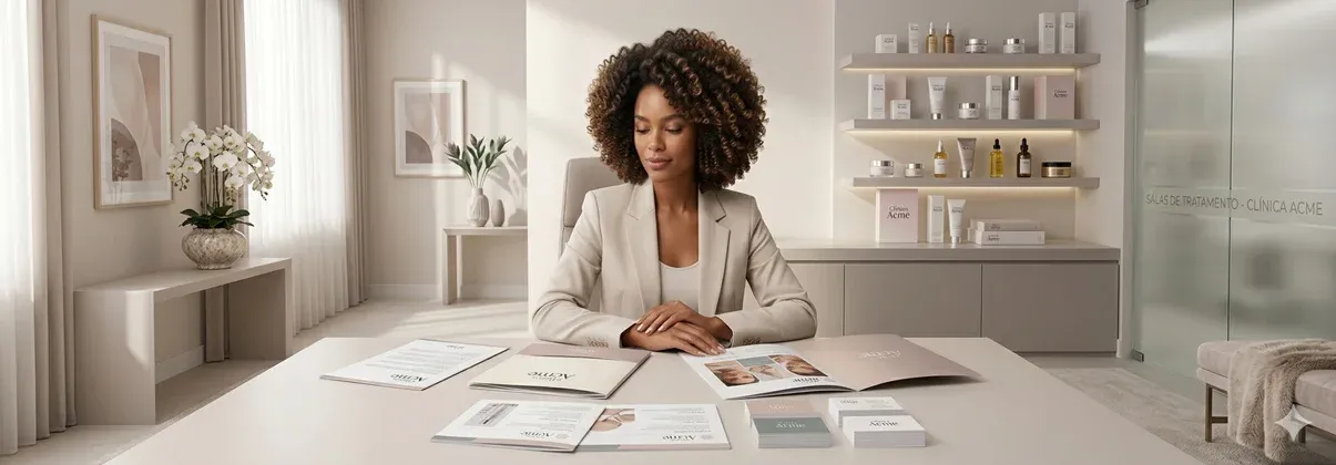 Gestora de clínica de estética revisando provas de impressão de um panfleto e um banner sobre uma mesa de trabalho.