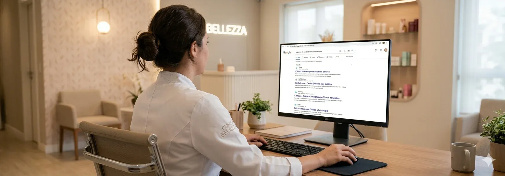 Gestora de clínica de estética analisando um dashboard de sistema de gestão em um tablet profissional.