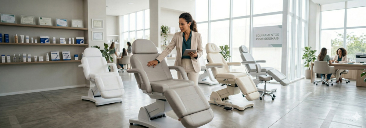 Gestora de clínica de estética analisando a qualidade de uma cadeira profissional em um ambiente moderno e bem iluminado