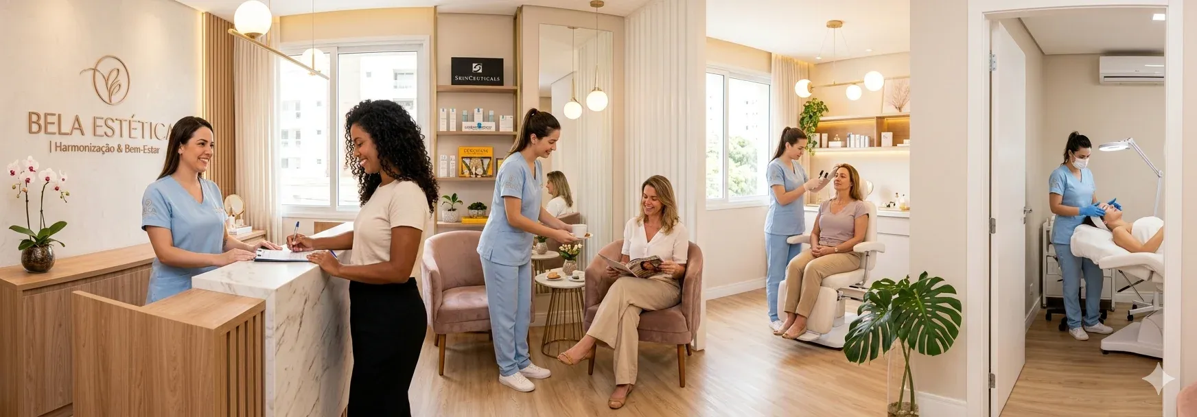 Gestora de clínica de estética planejando a estrutura de sua equipe em um escritório moderno e organizado
