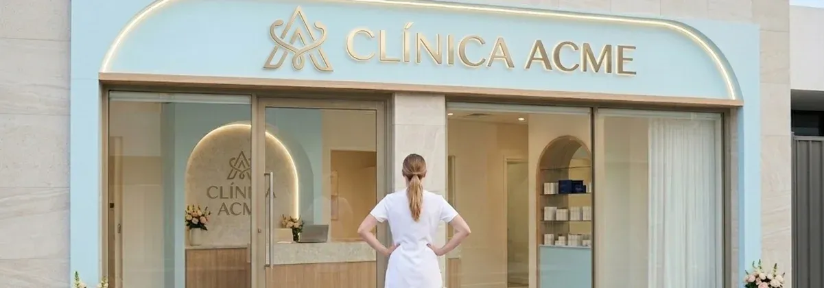 Gestora de clínica de estética em seu escritório, analisando uma lista de nomes em um tablet, com um olhar focado e estratégico.