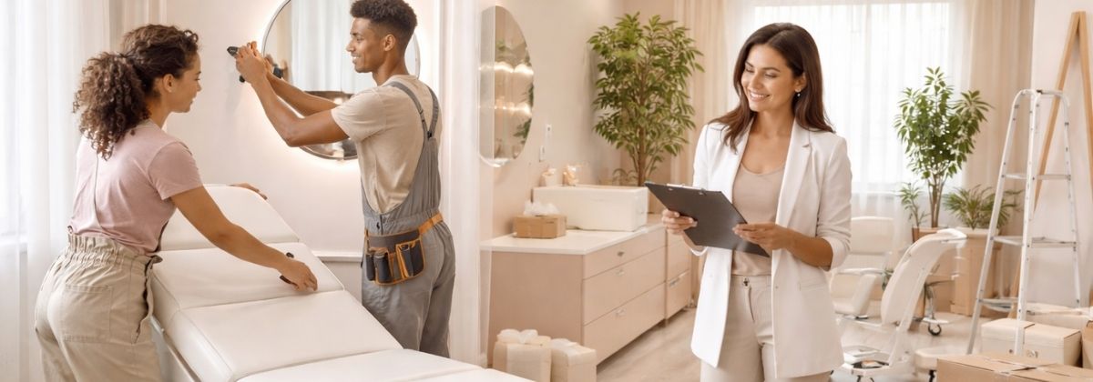 Gestora de clínica de estética revisando planta baixa de projeto em conformidade com a RDC 50 em seu escritório.