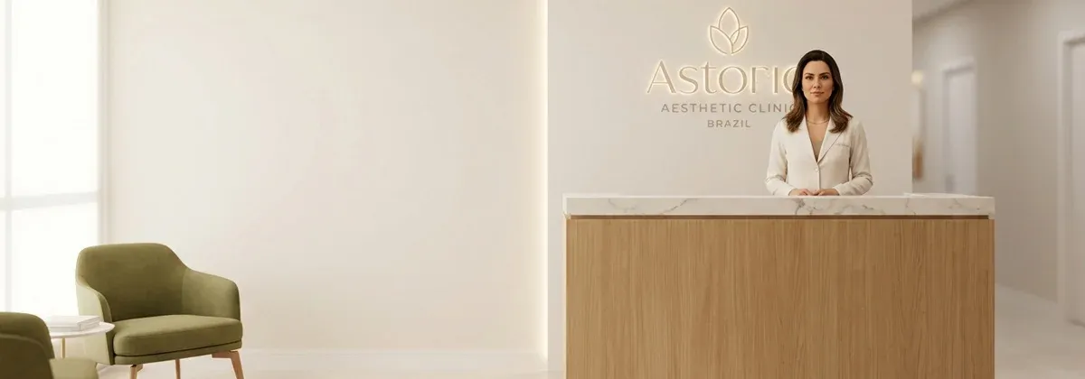 Recepção de uma clínica de estética premium, com um balcão de madeira, iluminação quente e o logo da clínica em uma parede de destaque.