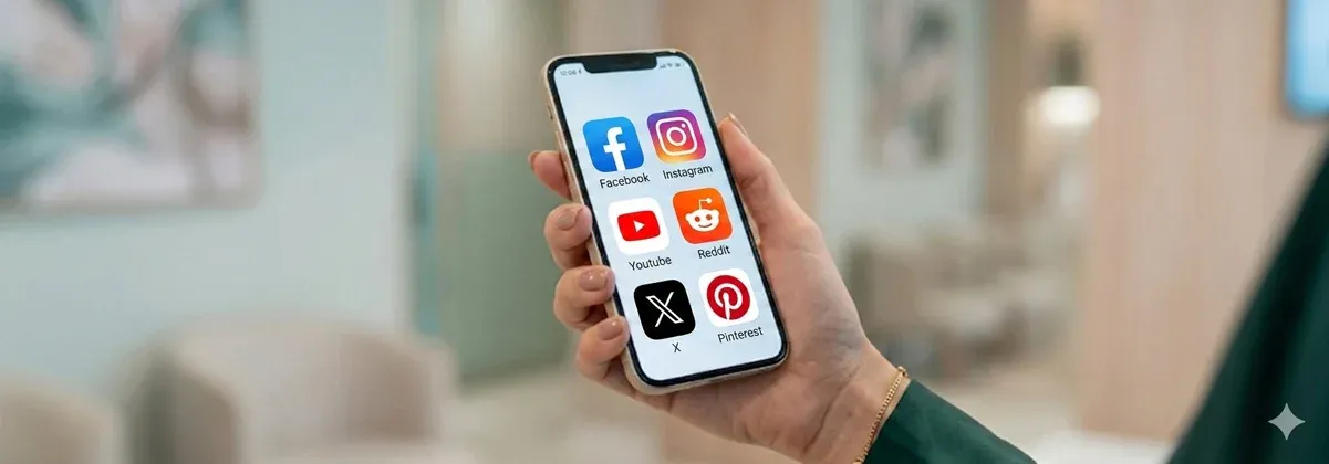 Gestora de clínica de estética analisando o desempenho das redes sociais em um tablet, com o ambiente profissional da clínica ao fundo.